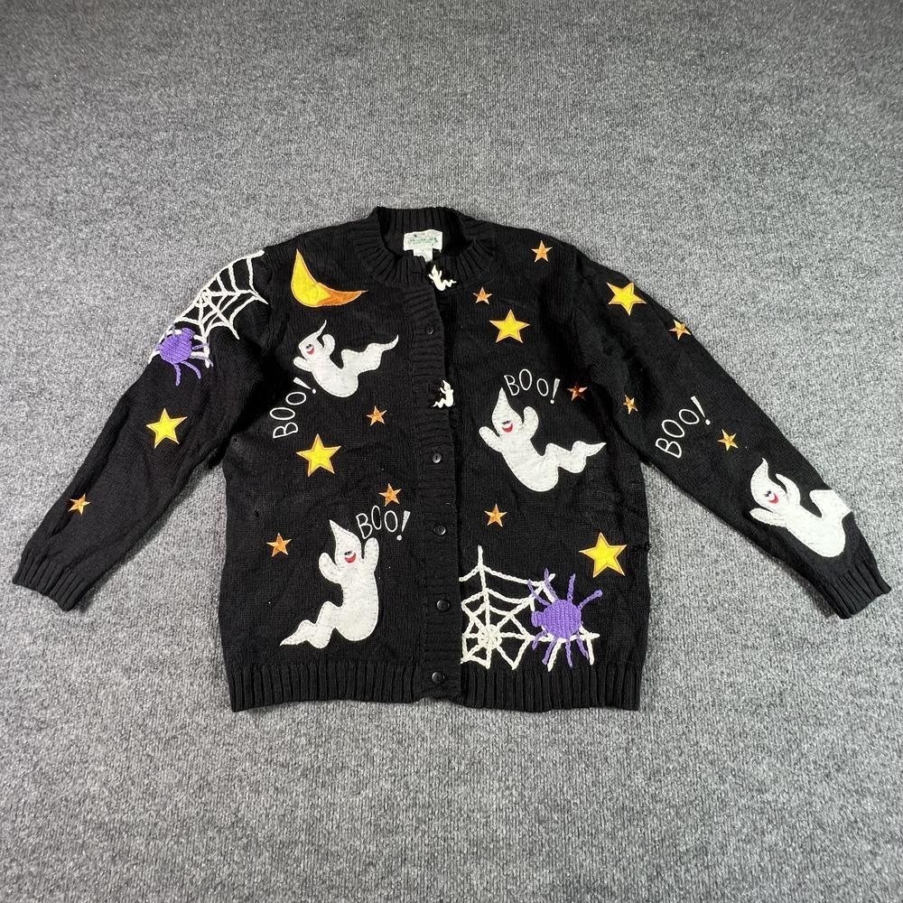 Quacker Factory Cardigan Sweater Womens Small Black Halloween Boo Ghost Holiday